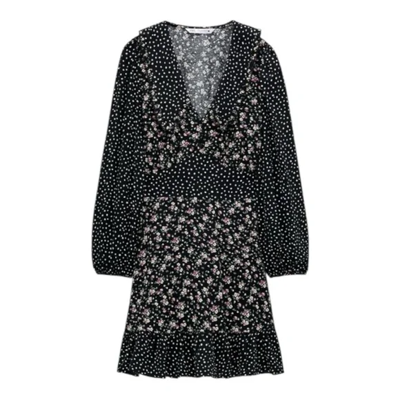 Zara Black Floral and Spotty Long Sleeve Tea Dress Mini Dress Contrast Print S - Picture 2 of 9